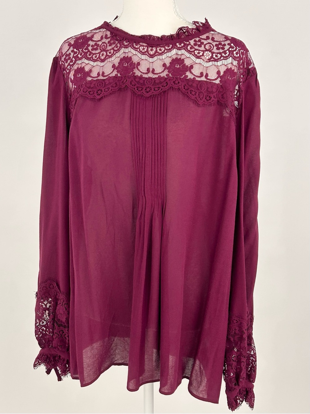 Boden Burgundy Lace Yoke Pintuck Sheer Blouse US 18 UK 22
